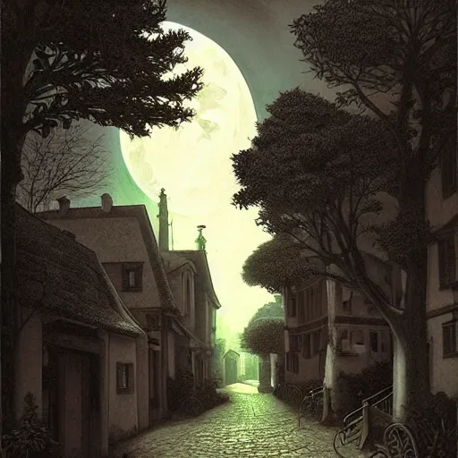 Prompt: in the style of gerald brom, caravaggio, beautiful small town, houses and buildings, 1 8 0 0 s, cobblestone roads, low light, low large moon, trees, forest in the distance, light mist creature lurking in the shadows