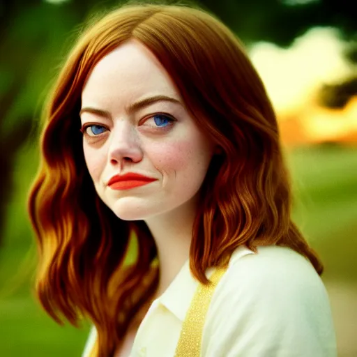 Prompt: beautiful hyperdetailed photograph of emma stone as hermione granger, golden hour, soft focus, medium shot, 8 k, portra 4 0 0