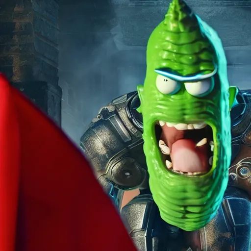 Image similar to pickle rick as superman! in gears of war, splash art, movie still, detailed face, photorealistic facial features, cinematic lighting, dramatic, octane render, long lens, shallow depth of field, bokeh, anamorphic lens flare, 8 k, hyper detailed, 3 5 mm film grain