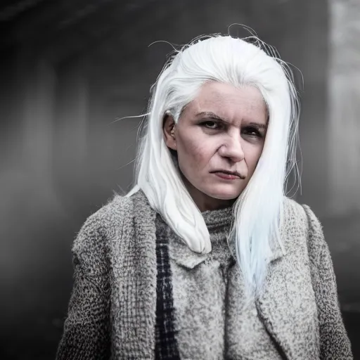 Prompt: woman with white hair in an industrial soviet city, air pollution, fog, dslr 5 0 mm portrait photo