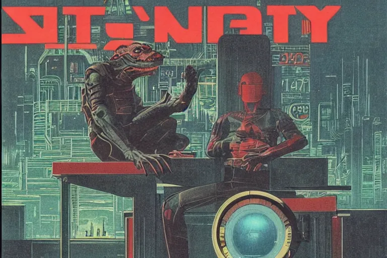 Prompt: 1979 Magazine Cover of an argonian mage sitting on a desk with a large circular window to neo-Tokyo streets behind him. in cyberpunk style by Vincent Di Fate
