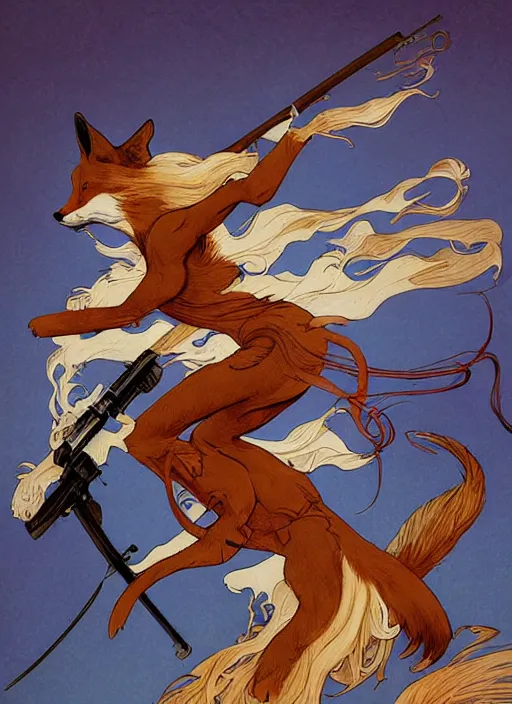 Image similar to a beautiful, dynamic illustration of an anthropomorphic fox - woman running and gunning with a winchester rifle, wild west theme, focal depth, highly detailed, art by joseph leyendecker, peter mohrbacher, ruan jia, marc simonetti, ayami kojima, cedric peyravernay, alphonse mucha, victo ngai,