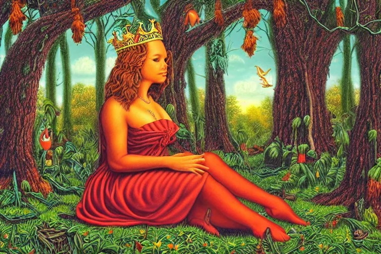 Image similar to a calm beautiful queen sitting in the forest by todd schorr, portrait,