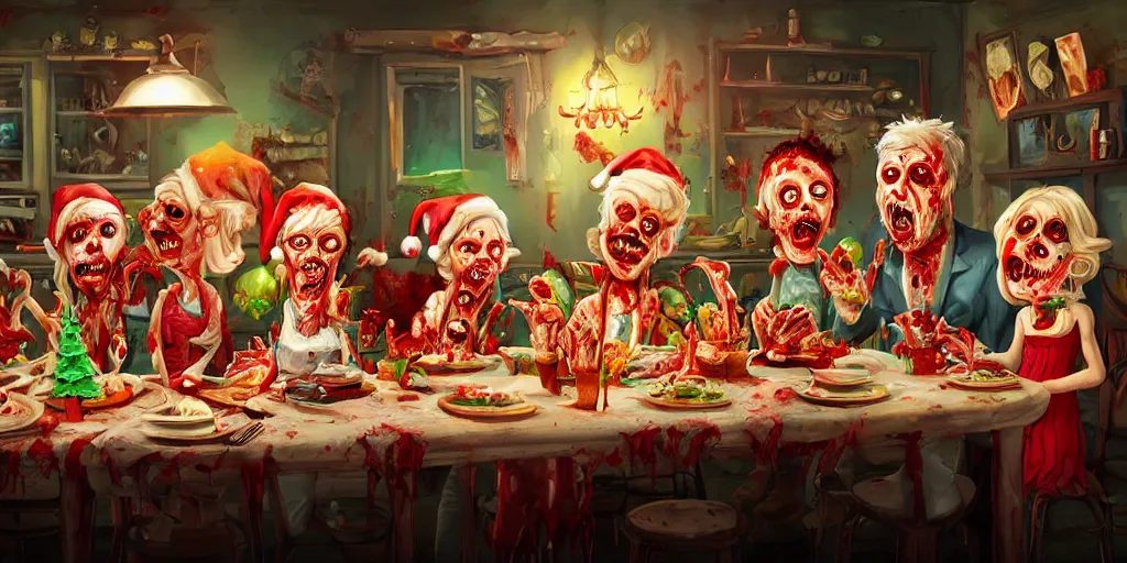 Image similar to a zombie family christmas diner, vivid colors, wide angle, super highly detailed, professional digital painting, artstation, concept art, smooth, sharp focus, no blur, no dof, extreme illustration, unreal engine 5, photorealism, hd quality, 8 k resolution, cinema 4 d, 3 d, beautiful, cinematic, art by tim burton