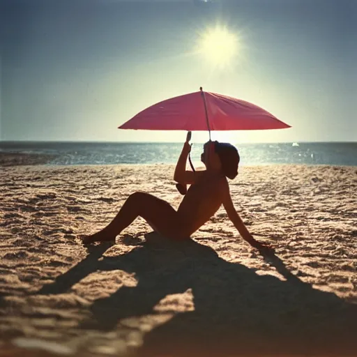 Image similar to a beautiful photo of an astronaut on the beach under a beach umbrella, summer sun, 1 9 7 0, soft light, morning light, photorealistic, realistic, octane, 8 k, cinematic shot