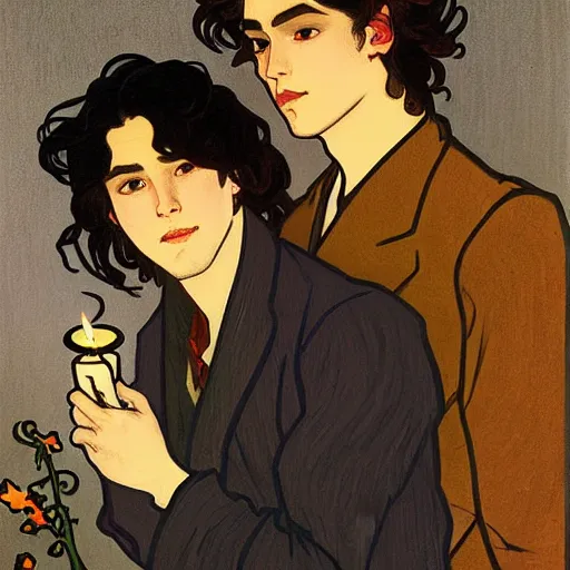 Image similar to painting of young cute handsome beautiful dark medium wavy hair man in his 2 0 s named shadow taehyung and cute handsome beautiful min - jun together at the halloween! party, bubbling cauldron!, candles!, smoke, autumn! colors, elegant, wearing suits!, clothes!, delicate facial features, art by alphonse mucha, vincent van gogh, egon schiele