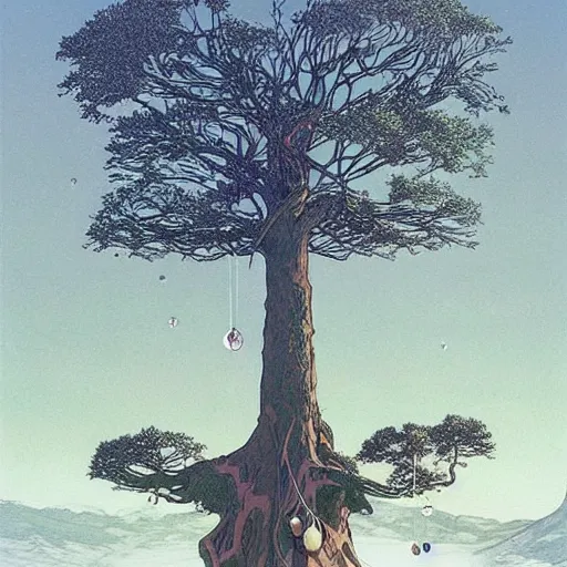 Prompt: a large tree rooted in a crystal hovering in space, by moebius