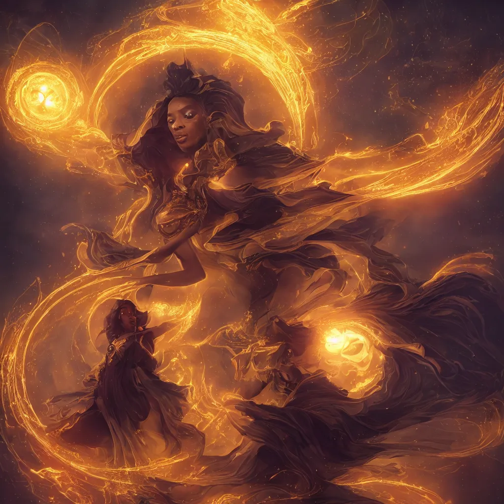 Prompt: gorgeous black woman as a spellcaster mage, dynamic pose full body, hand holding a fractal golden fireball spell , intricate flowing robes, black and golden cloak, Octane render, rule of thirds, golden ratio, 8k, Peter Mohrbacher