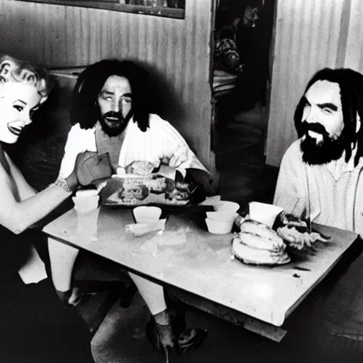 Image similar to Marilyn Monroe, Bob Marley and Charles Manson eating donuts in a cafe.