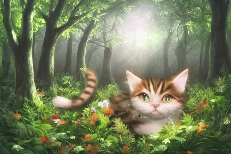 Image similar to a cat in a forest, highly detailed, digital art, trending on artstation, backlighting, by kawacy, by ken sugimori, fan art