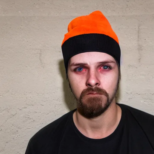 Image similar to close-up a 25 year old man wearing a black winter hat and a orange jail inmate tshirt, inside a underground facility, blue eyes, hideous, side lighting