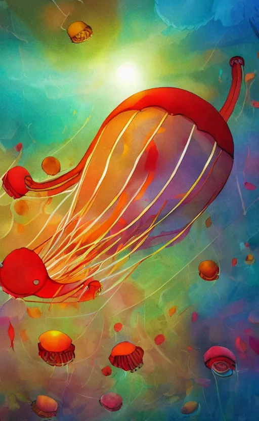 Image similar to jelly fish, autumn light, colorful, smoke, beautiful, by studio ghibli, crayons, digital art, concept art, sharp focus, illustration