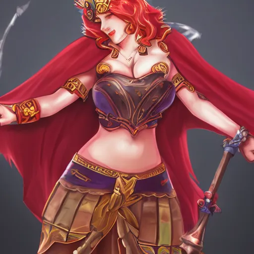 Image similar to natalie from epic battle fantasy, redhead, cartoony, priestess, red robes, highly detailed, fanart