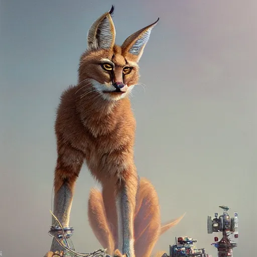 Image similar to intricate drawing of a cute fluffy caracal, cambodian fashion, cyberpunk ornaments, thin strands, porcelain skin, greg rutkowski, james gurney, john berkey, hyperrealistic, backlit