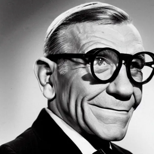Prompt: happy studio publicity photo of george burns wearing extremely complicated eyeglasses with dozens of interlocking lenses
