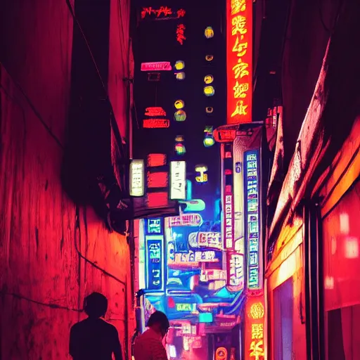 Image similar to Looking down a neon sign lit alleyway in Neo-Tokyo with many neon signs and izakayas, two Japanese businessmen standing against a wall talking to each other, one streetlight, cyberpunk, trending on artstation and behance, by Beeple