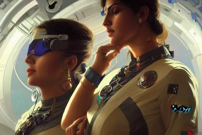 Image similar to Sensual beautiful female Aryan young Indian doctors wearing Deus Ex Human Revolution clothing in a space station above Earth, portrait, elegant, intricate, digital painting, artstation, concept art, smooth, sharp focus, illustration, art by artgerm and greg rutkowski and alphonse mucha