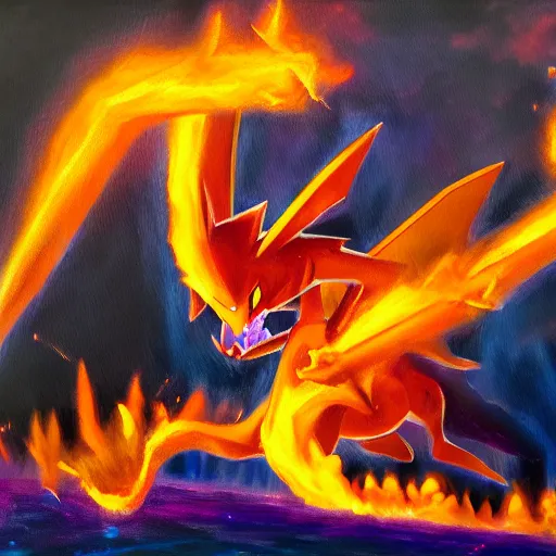 Prompt: an oil painting of the pokemon charizard, 4k