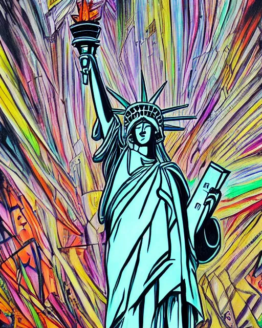 Image similar to manga color drawing of the statue of liberty painted with graffitis, by Katshuiro Otomo, epic photography, dystopin future , 8k