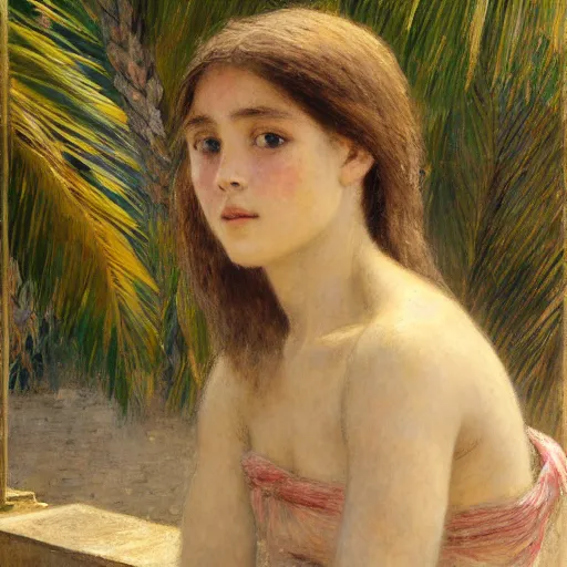 Image similar to a ultradetailed beautiful painting of a girl in the amazonas palace balustrade designed by jules bastien - lepage, hans belmer, frank weston and gustave baumann, beach, trending on artstation, mediterranean, palm trees, detailed face, sharp focus, soft light, 8 k 4 k