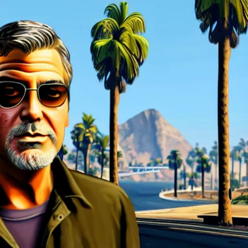 Image similar to george clooney in gta v. los santos in background, palm trees in the art style of stephen bliss