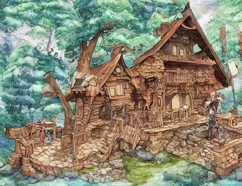 Image similar to cute and funny, a magicians cabin carved into a mountain, centered award winning watercolor pen illustration, isometric illustration by chihiro iwasaki, edited by range murata, tiny details by artgerm and watercolor girl, sharply focused