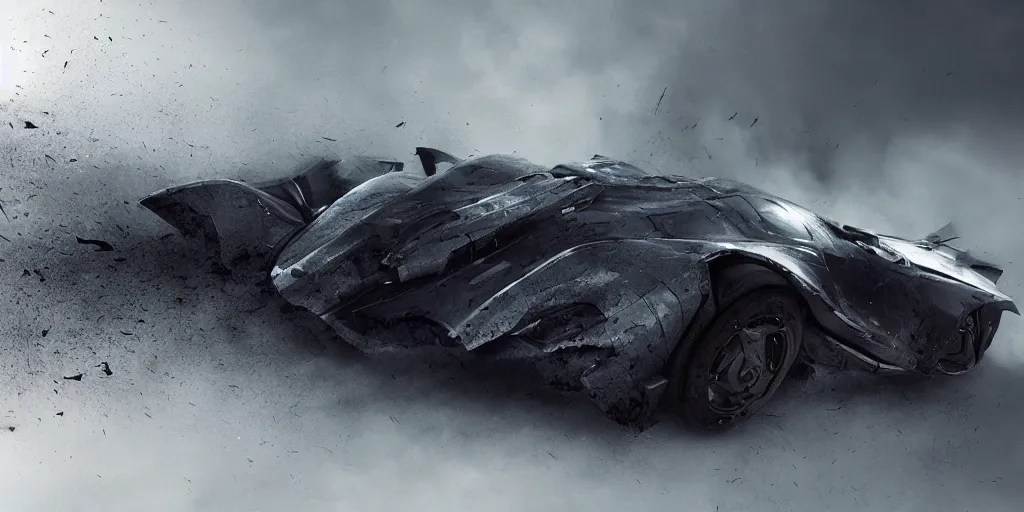 Image similar to the batmobile caught in the flow of time. octane render. 8 k. dark. atmospheric. cinematic. spectacular. sense of awe. debris. mist. strong winds. slowmotion. matte painting painted by sparth and craig mullins