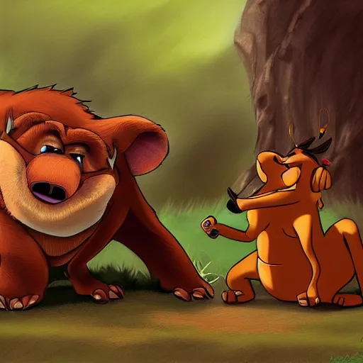 Image similar to a fight between Timon and Pumba, digital art, epic