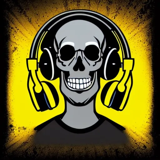 Image similar to svg vector sticker of a skull, rocking out, wearing headphones, huge speakers, dancing, rave, DJ, spinning records, digital art, amazing composition, rule-of-thirds, award-winning, trending on artstation, featured on deviantart