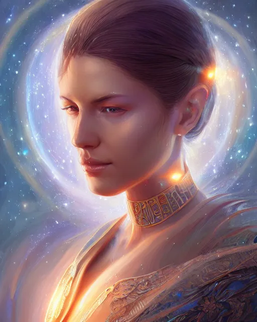 Image similar to close up portrait of a beautiful pleiadian starseed, fantasy, intricate, elegant, highly detailed, digital painting, artstation, concept art, smooth, sharp focus, illustration, by artgerm and greg rutkowski