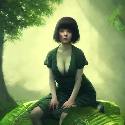 Image similar to very very small little girl by tom bagshaw, sitting on a gigantic green leaf by ilya kuvshinov, rtx rendering, octane render 1 2 8 k, maya, extreme high intricate details by wlop, digital anime art by ross tran, medium shot, close up shot, composition by sana takeda, lighting by greg rutkowski