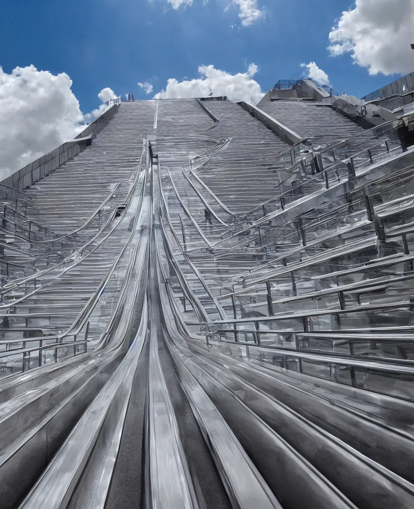 Image similar to rows of escalators leading endlessly into the sky, sunny day, clouds, cinematic, masterpiece