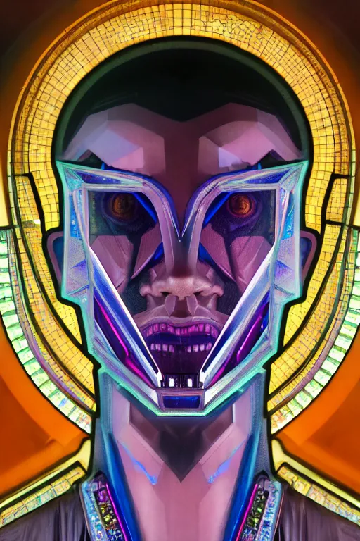 Prompt: hyperrealism, dreamland of chinese, ghost, sharp, slender and densely arranged teeth, futuristic, synthwave, art deco, expressive, dystopian, cyberpunk, mecha, halfturn portrait of a big crystal face made of crystals half - turn, ominous, intricate, oc rendered, art by alphonse mucha, concept art, 4 k, sharp focus