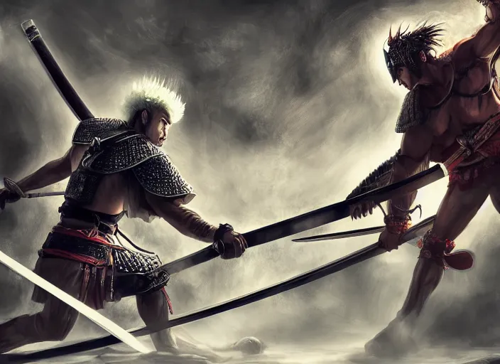 Prompt: a samurai clashes swords with an arabic god creature, digital painting masterpiece, advanced lighting technology, hyperrealistic intense cinematic detail, beautiful, gorgeous, intricate brush strokes, 4 k wallpaper, inspired by sword of the berserk, realistic anatomy and faces