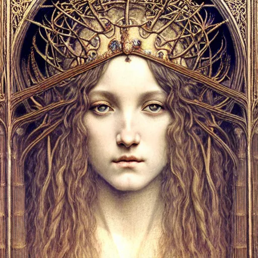 Image similar to detailed realistic beautiful young medieval queen face portrait by jean delville, gustave dore, ernst haeckel and marco mazzoni, art nouveau, symbolist, visionary, gothic, pre - raphaelite