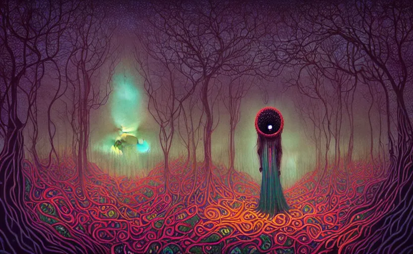 Prompt: surreal psychedelic androids, nostalgia for a fairytale, magic realism, flowerpunk, mysterious vivid colors by andy kehoe and amanda clarke, highly detailed, insane details