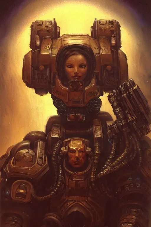 Image similar to character portrait cyberpunk starcraft terran warhammer 4 0 k space marine tech priest warrior ( ( ( ( ( ( ( ( totally definitely not negative no not mona lisa inspired ) ) ) ) ) ) ), character design, painting by gaston bussiere, katsuya terada, frank frazetta, tom of finland, trending on artstation