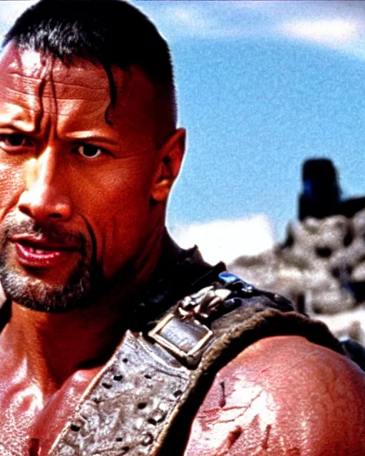 Image similar to film still close up shot of dwayne johnson in the movie mad max 2 the road warrior. photographic, photography