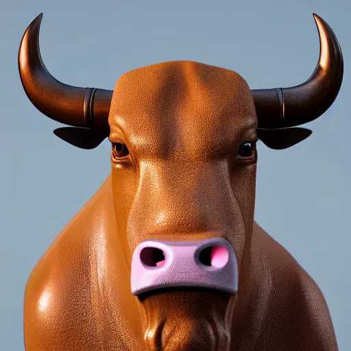 Image similar to a standing anthro bull android modeled after a bull looking into the camera, android, cyborg, half body, intricate, 3 d, hyper realism, fantasy, depth of field, octane render, symmetrical, highly detailed, digital art, artstation, concept art, cinematic lighting, trending