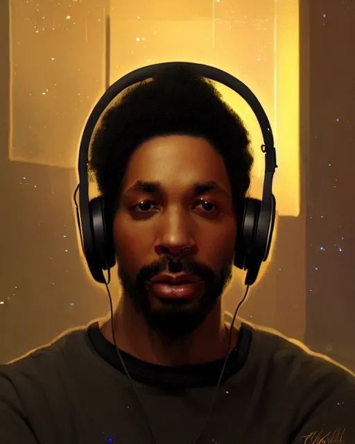 Prompt: light skin black man with headphones at his home studio producing music late at night, very detailed, 4 k, concept art like ernest khalimov, intricate details, highly detailed by greg rutkowski, ilya kuvshinov, gaston bussiere, craig mullins, simon bisley