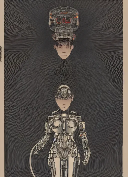 Image similar to 2 d illustration, grained risograph, vintage sci - fi comicbook portrait of a futuristic silver armored geisha district 9 cyborg, parallax, fractal, intricate, elegant, highly detailed, subsurface scattering, by jheronimus bosch and moebius louis jacques mande daguerre and szukalski