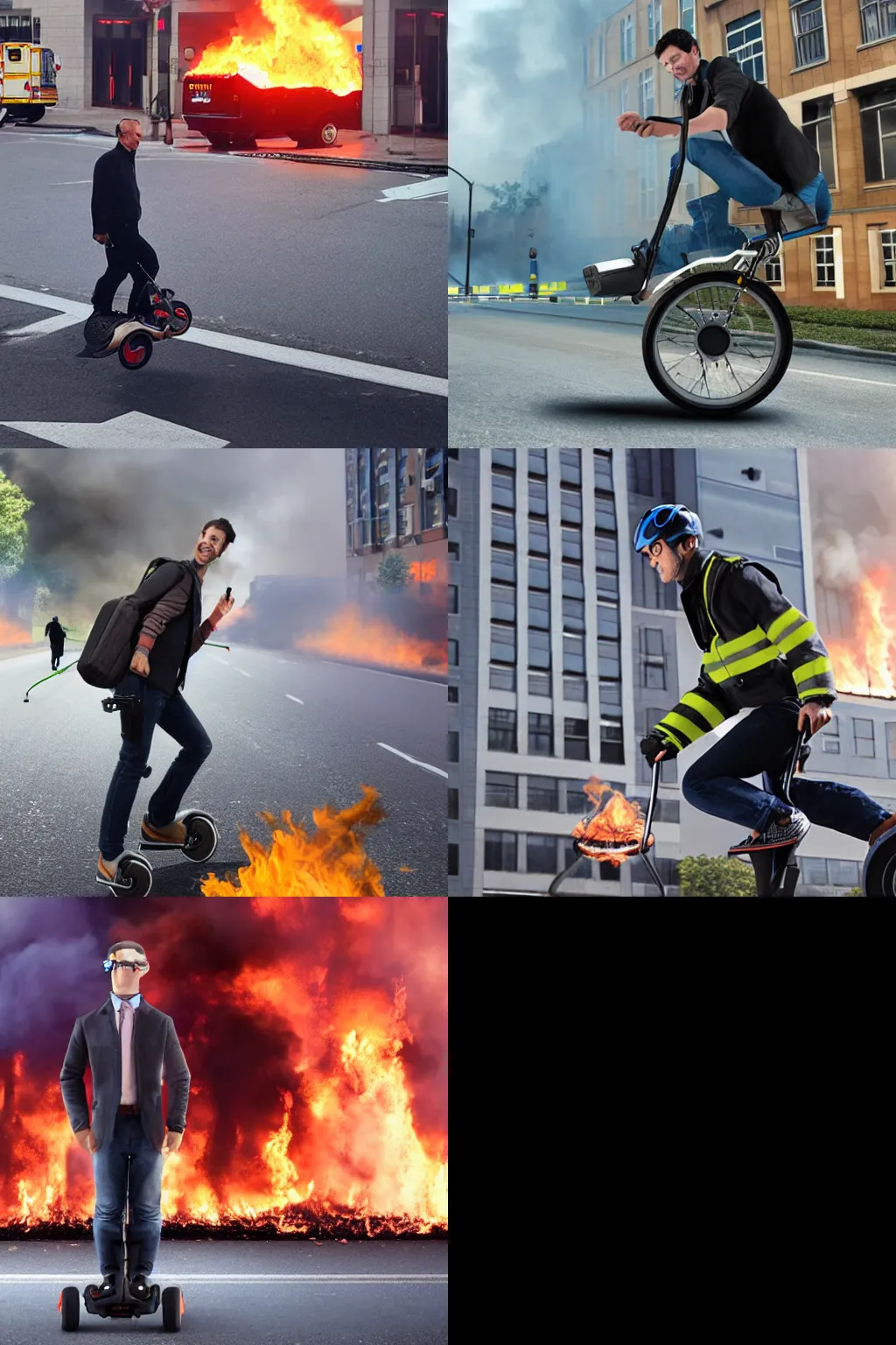 Prompt: photorealistic man on an electric unicycle hit by a truck in front of a building on fire