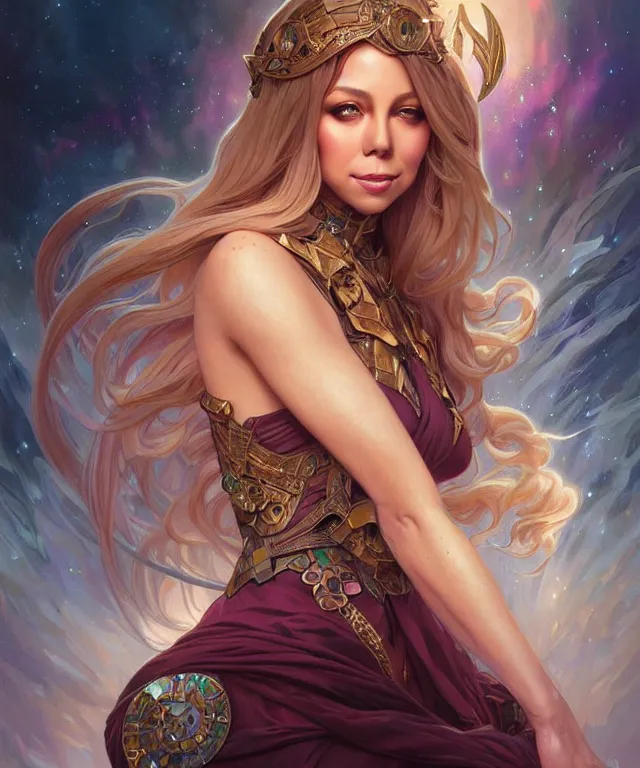 Prompt: Mariah Carry as a fantasy magic woman portrait, sci-fi, amber eyes, face, long hair, fantasy, intricate, elegant, highly detailed, digital painting, artstation, concept art, smooth, sharp focus, illustration, art by artgerm and greg rutkowski and alphonse mucha