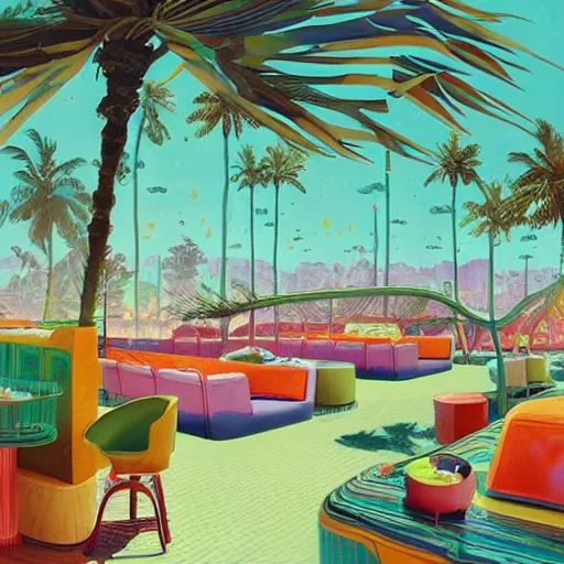 Image similar to inside psychedelic beachfront fast food restaurant with palm trees by simon stalenhag