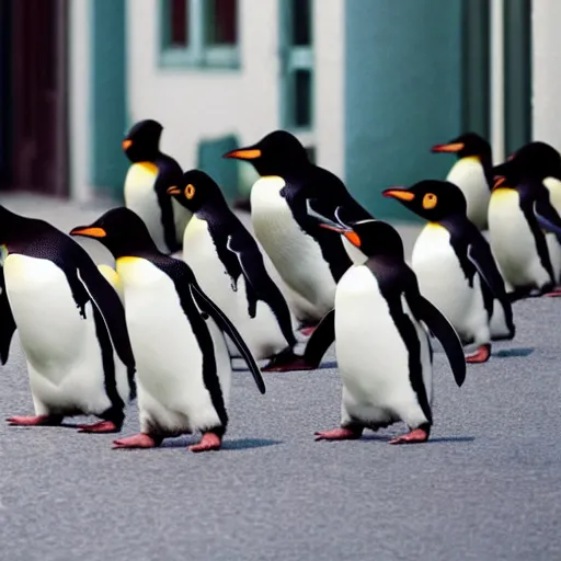 Prompt: penguins carrying school bags on the street,photorealistic