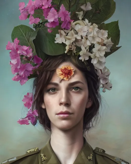 Image similar to a beautiful fine art portrait photo of a military general covered by hibiscus, daffodils, hydrangea, montsera leaves by tom bagshaw and zach sutton, very detailed, artstation, 8 k