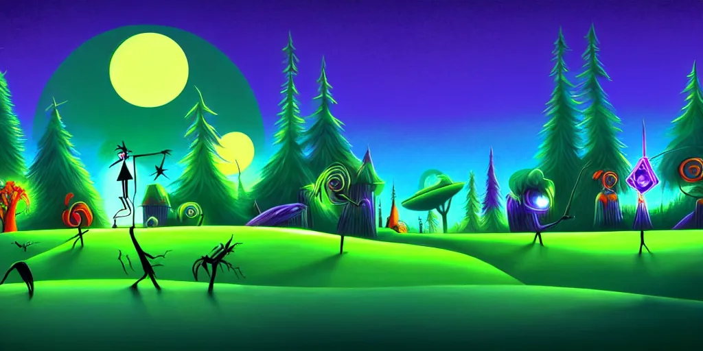 Image similar to a cartoon night landscape game background in art deco surrealism, artstation, nightmare before christmas, black green blue magenta