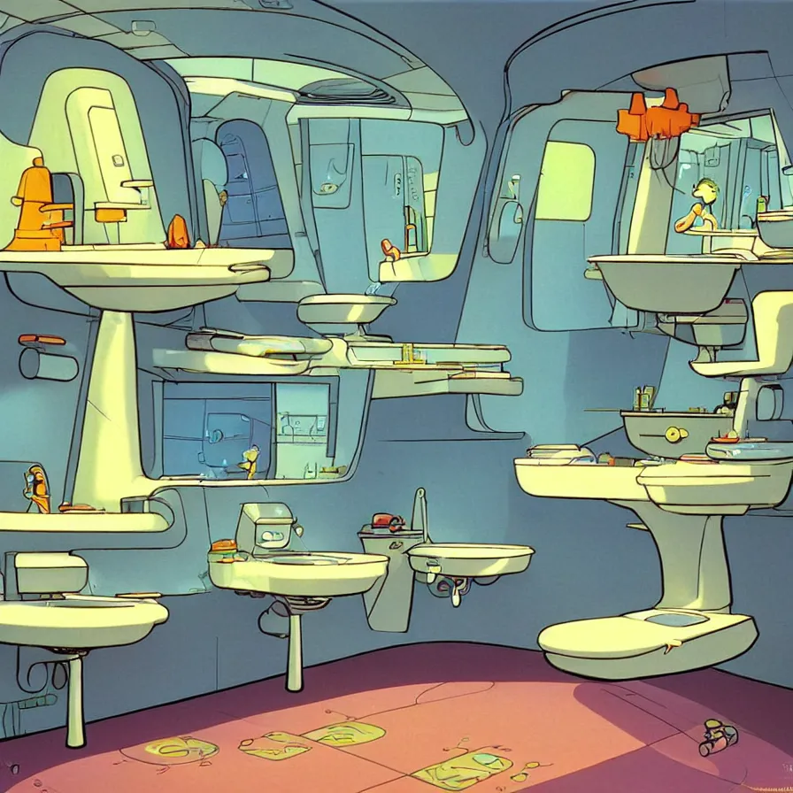 Image similar to concept art of jetsons cartoon bathroom, painted by tim white