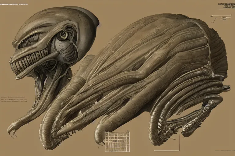 Prompt: schematic diagram of alien boss, biology, book, page, detailed, cross section, trending on artstation, cgsociety, Ralph McQuarrie and Greg Rutkowski and mobius