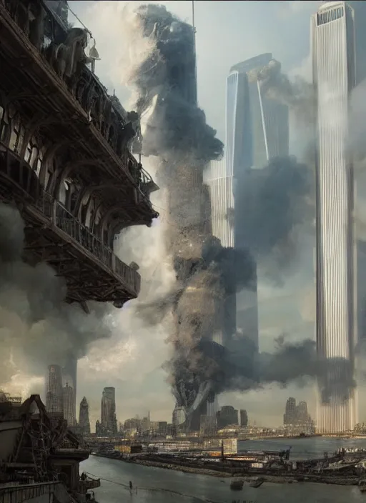 Prompt: hyper realistic 9 / 1 1 terrir attacks, atmospheric beautiful details, strong composition painted by kim jung giu weta studio rutkowski, james gurney and greg rutkowski, and lucasfilm